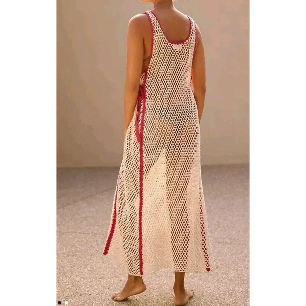 NWOT Anthropologie Bel Kazan Piped Crochet Maxi Swim Cover Dress M/L Cream